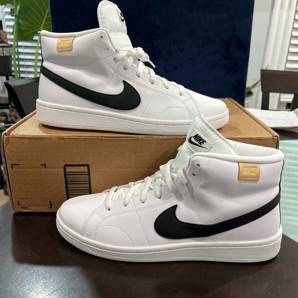 Nike Men’s White High-Top Sneakers with Black Swoosh and Tan Heel Tab